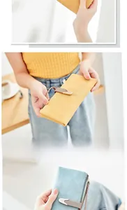 Detailed views of long matte texture wallets with leather buckle and metal hardware accents