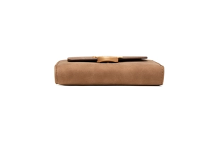 Detailed side view of brown matte leather wallet with golden leaf hardware and zip