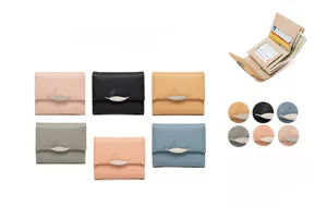 Short tri-fold wallets in six colors with leaf metal decor and internal card slots