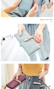 Detail showing matte leather texture, hand strap, and V-shaped gold hardware on long wallets