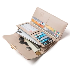 Pink PU leather long trifold wallet for women with multi-card slots and phone pocket