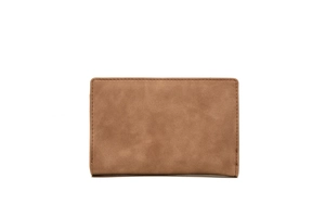 Close-up of brown matte faux leather texture and neat stitching on long wallet