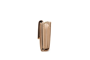 Side view of multi-layer light brown wallet with gold zipper and accordion structure