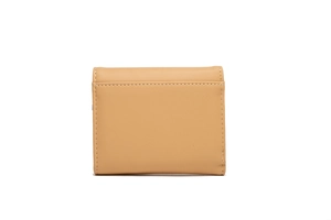 Close-up of the back of a khaki leather trifold wallet featuring detailed white stitching