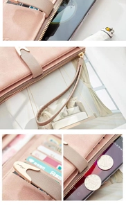 Detail view of pink matte long wallet with card slots, phone pouch and wrist strap