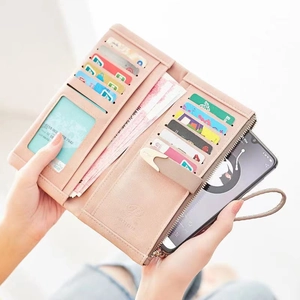 Minimalist long frosted leather wallet for women with multi-card slots and phone pocket