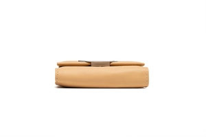 Detail view of khaki tri-fold wallet showing contrast stitching and premium leather texture