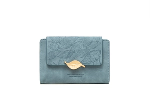 Detail of blue PU leather wallet featuring a golden leaf buckle and embossed leaf pattern