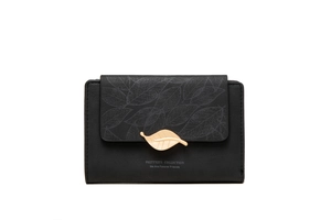Close-up of black matte PU leather wallet with gold leaf-shaped metal buckle and embossed text