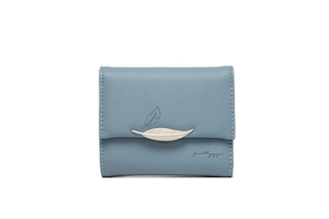 Close-up of Morandi blue leather wallet with silver leaf buckle and stitched leaf details