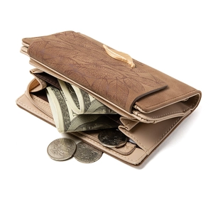 Women's light brown PU leather wallet with golden leaf buckle and multiple card slots