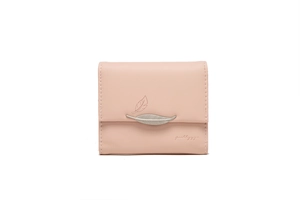 Close-up of pink tri-fold leather wallet featuring a silver metal leaf buckle and stitching