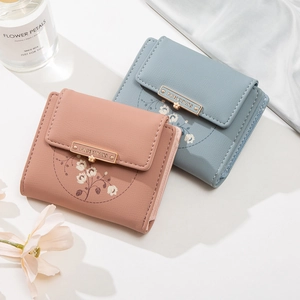 Women Short Three Fold Wallet PU Leather Floral Print Small Purse With Metal Brand Tag Zipper Pocket Card Holder For Lady