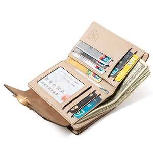 Beige PU leather trifold wallet with multiple card slots and gold hardware leaf buckle