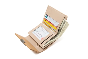 Detail view of khaki tri-fold wallet interior featuring multiple card slots and zipper pocket