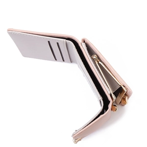 Women's tri-fold short PU leather wallet in pink and grey with gold kiss-lock closure