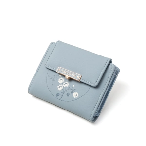 Light blue PU leather short wallet with delicate white flower print and metal logo plate