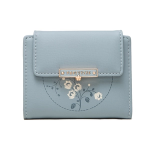 Short tri-fold grey-blue PU leather wallet for women with floral print and gold metal clasp