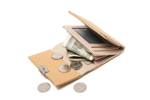Detail view of tri-fold wallet featuring multiple card slots and snap coin pocket