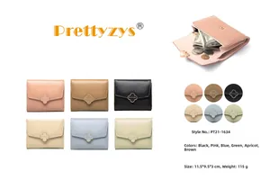 Short tri-fold women wallet with clover metal buckle and multiple card slots detail