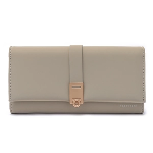 Close-up of beige PU leather long wallet featuring a metal horseshoe buckle and fine stitching