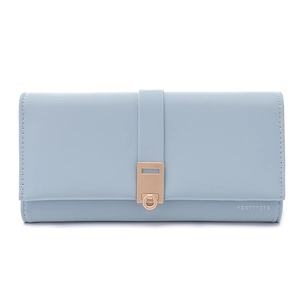 Front view of light blue long leather wallet with gold metal ring buckle and embossed logo