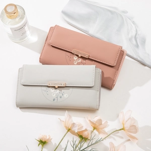 Portefeuille long triptyque pour femme en cuir PU avec motif floral et bord doré