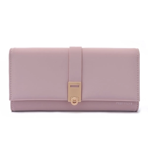 Detail view of mauve PU leather wallet featuring a gold buckle and PRETTYZYS logo