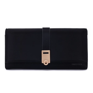 Close-up of black PU leather long wallet featuring gold metal buckle and logo engraving