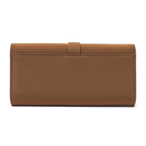 Brown long PU leather tri-fold wallet for women with minimalist stitching on back view