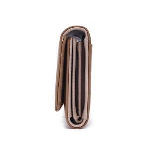 Side profile of brown PU leather multi-layer long wallet showing precise stitching and thickness