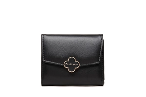 Detailed close-up of a black lychee texture wallet with a gold clover clasp