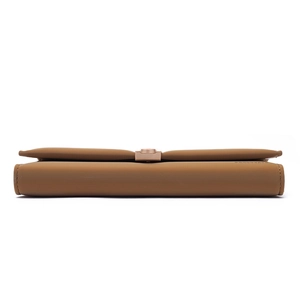 Detailed side view of brown PU leather long wallet with stitching and square buckle