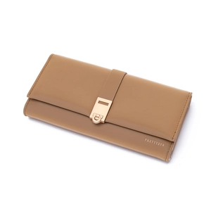 Detail of khaki PU leather long wallet featuring a gold metal buckle and embossed logo