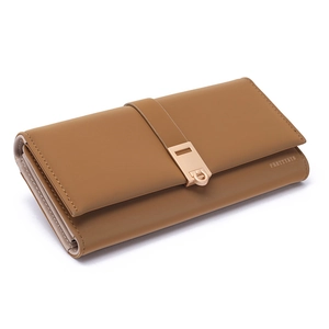 Detail view of brown long wallet with accordion pleats and golden buckle closure