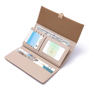 Women's tri-fold long wallet in beige PU leather with card slots and metal buckle