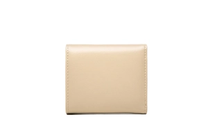 Detailed view of beige faux leather wallet texture and precision stitching on short folding purse