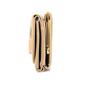 Side view of multi-compartment khaki leather wallet showing kiss-lock and triple-fold design
