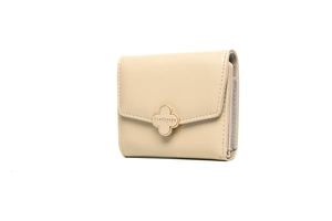 Close-up of a beige folding wallet featuring a gold clover buckle and leather texture