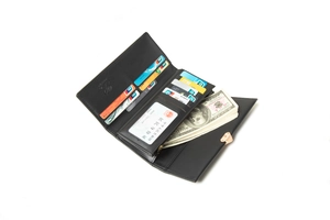 Détail intérieur du portefeuille long avec fentes pour cartes et poche zippée pratique