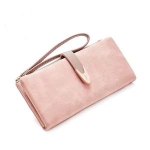 Pink matte long clutch wallet for women with leaf metal clasp and wrist strap
