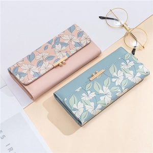 Floral print long wallets for women with metal clasp in soft pink and blue PU leather