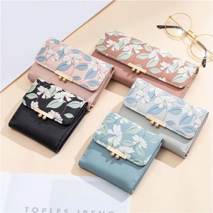 Elegant floral print PU leather long tri-fold wallet for women with golden metal clasp
