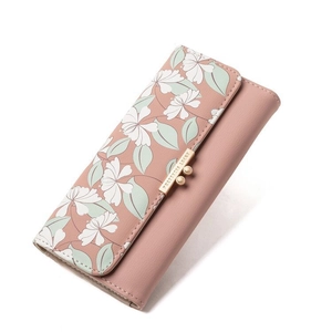 Pink floral PU leather long wallet for women with tri-fold design and gold metal trim