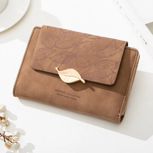 Prettyzys Women PU Leather Wallet Leaf Buckle Zipper Coin Pocket Card Holder Multi Slot Korean Simple Clutch Handbag