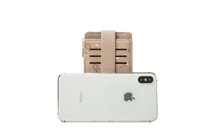 Floral short card holder in beige faux leather with zipper pocket and card slots