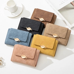 Short PU leather women's wallets in six colors with metallic leaf clasp and leaf vein texture
