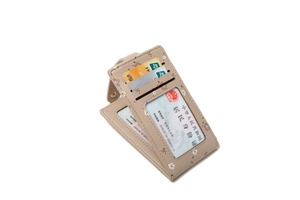 Detail view of khaki floral card holder with multiple slots and transparent ID window