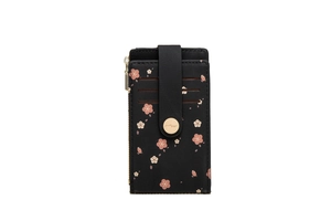 Detailed view of black lychee leather card wallet with floral print and gold zipper