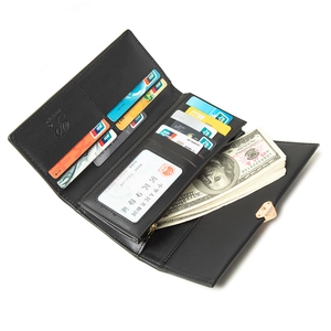 Black long tri-fold PU leather wallet for women with eye-shaped metal buckle and card slots